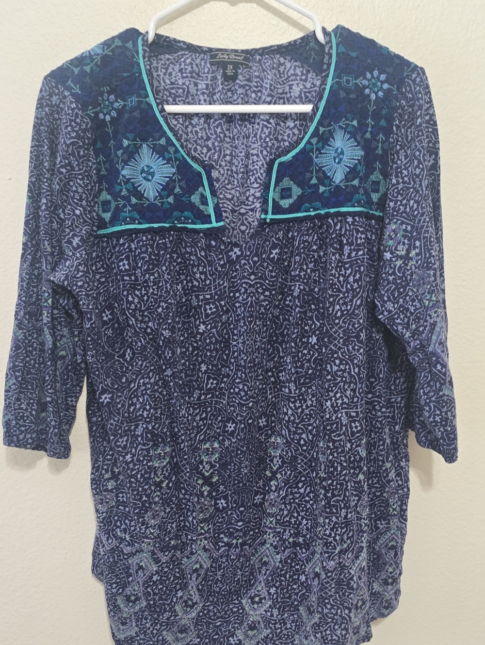 Lucky Brand Navy Tunic with Teal Embroidered Yoke Trim‎ 2X